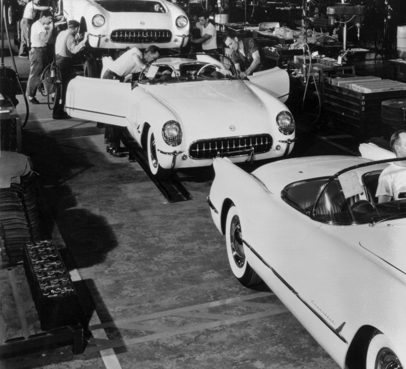 The first Corvettes on the assembly line in Flint, Michigan, June 30, 1953